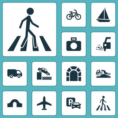 Sevk irsaliyesi Icons set ile van, Yelkenli tekne, Park ve diğer kamyon öğeleri ile. İzole illüstrasyon sevk irsaliyesi simgeler.