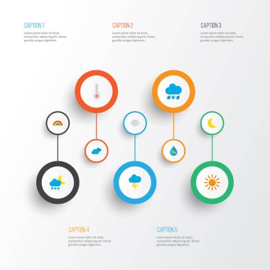 Hava simgeleri stil kümesi hilal, Don, gökkuşağı ve diğer bırak unsurlar ile düz. İzole illüstrasyon Hava durumu simgeleri.