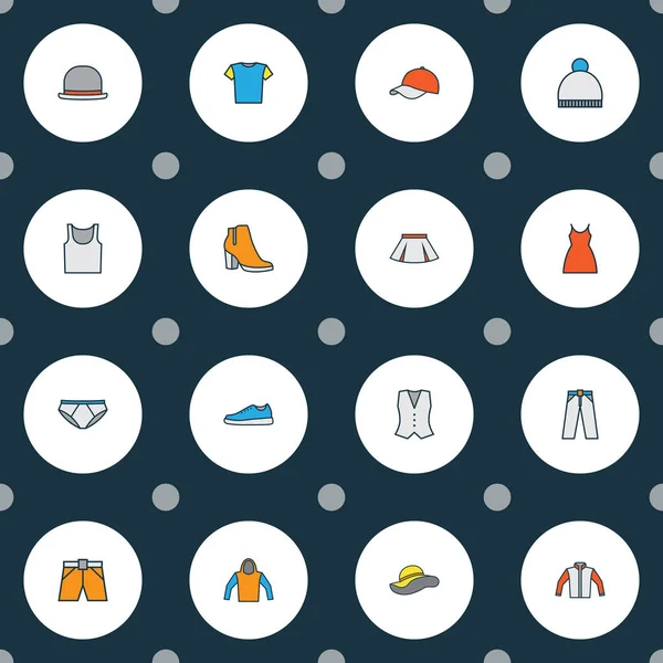 Abbigliamento icone linea colorata set con cardigan, panama, pantaloni e altri elementi mutandine. Isolato illustrazione vestiti icone . — Foto Stock