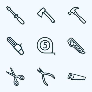 Handtools simgeler stil çekiç, balta, makas ve diğer makası öğeleri kümesi satır. İzole vektör çizim handtools simgeleri.