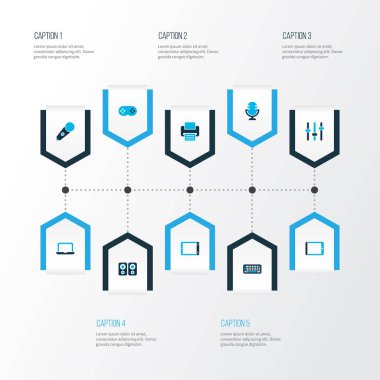 Teknoloji simgeleri tablet, yazıcı, dizüstü bilgisayar ve diğer defter öğeleri kümesiyle renkli. İzole vektör çizim teknoloji simgeleri.