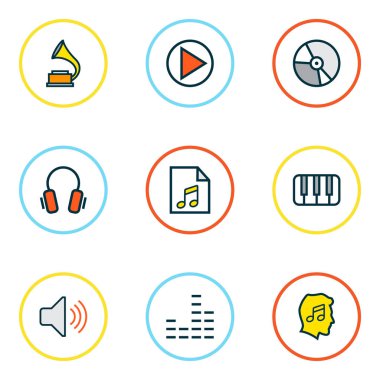 Ses simgelerini renkli çizgi ile kulaklık, müzik düzeyinde, ekolayzır ve diğer liste öğeleri ayarlayın. İzole vektör çizim ses simgeler.