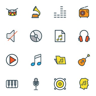 Müzik simgeleri renkli çizgi film müziği, klasör, gitar ve diğer anahtar öğeleri ile ayarla. İzole vektör illüstrasyon müzik simgeleri.