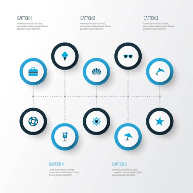 Yaz simgeler kümesi kabuklu, memeli, limonata ve diğer yunus öğeleri ile renkli. İzole vektör çizim yaz simgeler.