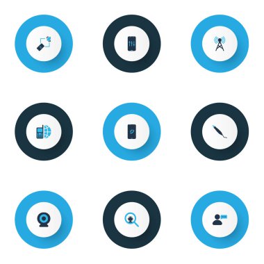 Bağlantı simgelerinin arama operatörü, cep telefon rehberi, telefon ve diğer uydu 4 g telefonu elemanları ile birlikte renkli. İzole vektör çizim bağlantı simgeleri.