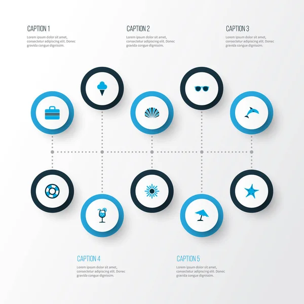 Yaz simgeler kümesi kabuklu, memeli, limonata ve diğer yunus öğeleri ile renkli. İzole vektör çizim yaz simgeler.