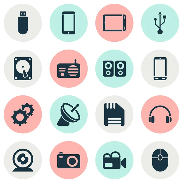Gadget icons set with floppy disk, smartphone, flash drive and other tablet elements. Isolated vector illustration gadget icons. — Stock Vector