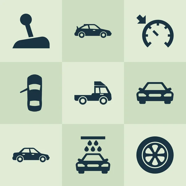 Auto pictogrammen instellen met sedan, sport auto, auto en andere elementen van het wiel. Geïsoleerde vector illustratie auto pictogrammen. — Stockvector