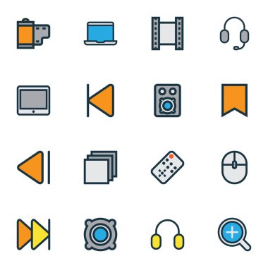 Müzik simgeleri renkli çizgi amplifikatör, film, kulaklık ve diğer film öğeleri ile ayarla. İzole illüstrasyon müzik simgeleri.