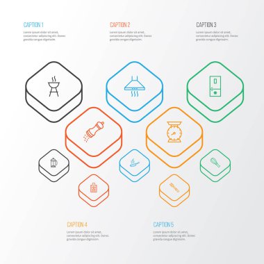 Simgeler çizgi stili mutfak ölçekler, kahve makinesi, Barbekü ve diğer baharat öğeleri ile pişirin. İzole illüstrasyon aşçı simgeler.