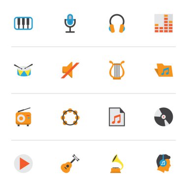 Müzik simgeler düz stil kümesi mic, çalma listesi, başlar ve diğer dj elemanları. İzole illüstrasyon müzik simgeleri.