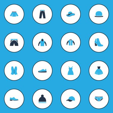 Fedora, iç çamaşırı, topuklar ve diğer etek öğeleri kümesiyle renkli giysi simgeler. İzole illüstrasyon giysi simgeler.
