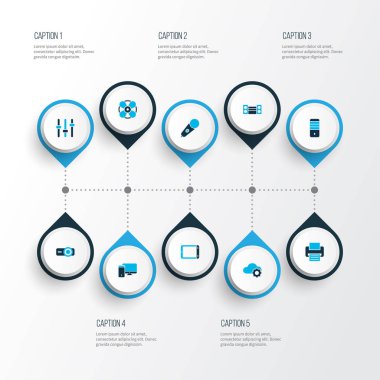 Aygıt simgelerini bilgisayar, ses sistemi, ayarı ve diğer bulut teknoloji öğeleri kümesiyle renkli. İzole illüstrasyon Aygıt simgeleri.