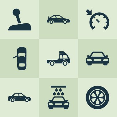 Araba Icons set ile araç, sedan, spor otomobil ve diğer tekerlek öğeleri ile. İzole illüstrasyon araba simgeler.