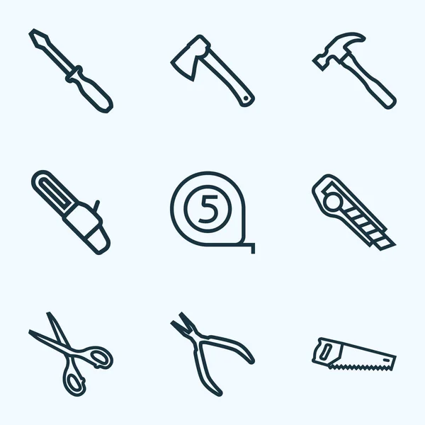 Iconos de herramientas manuales conjunto de estilo de línea con martillo, hacha, tijeras y otros elementos de tijeras. Iconos de herramientas manuales de ilustración aislados . —  Fotos de Stock