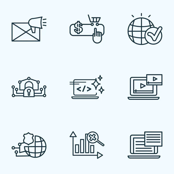 Иконки Двигателя Линейный Стиль Набор Текстовым Содержанием Электронной Почты Маркетинга — стоковое фото