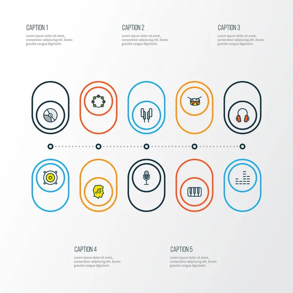 음악 아이콘 색된 라인 이퀄라이저, 이어폰, 비닐 및 다른 애 인 요소와 설정. 고립 된 그림 음악 아이콘. — 스톡 사진