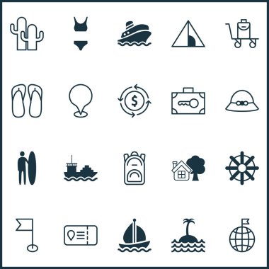 Thongs, tanker, bikini ve diğer Bagaj konveyör öğelerinde ayarla simgeler seyahat. İzole vektör illüstrasyon seyahat simgeler.
