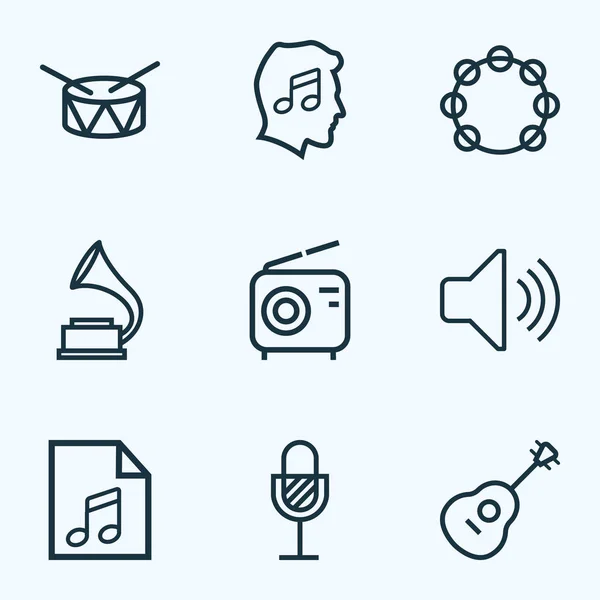 Musik-Icons setzen Stilelemente mit Radio, Tamburin, Lautstärke und anderen Klangbrel-Elementen. isolierte Vektor-Illustration Musik-Ikonen. — Stockvektor