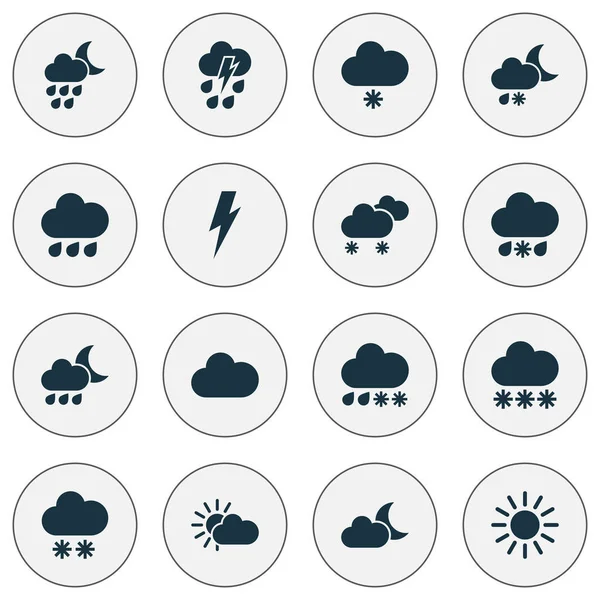 Iconos climáticos establecidos con lluvia, media luna, sol y otros elementos húmedos. Iconos de clima de ilustración vectorial aislado . — Vector de stock