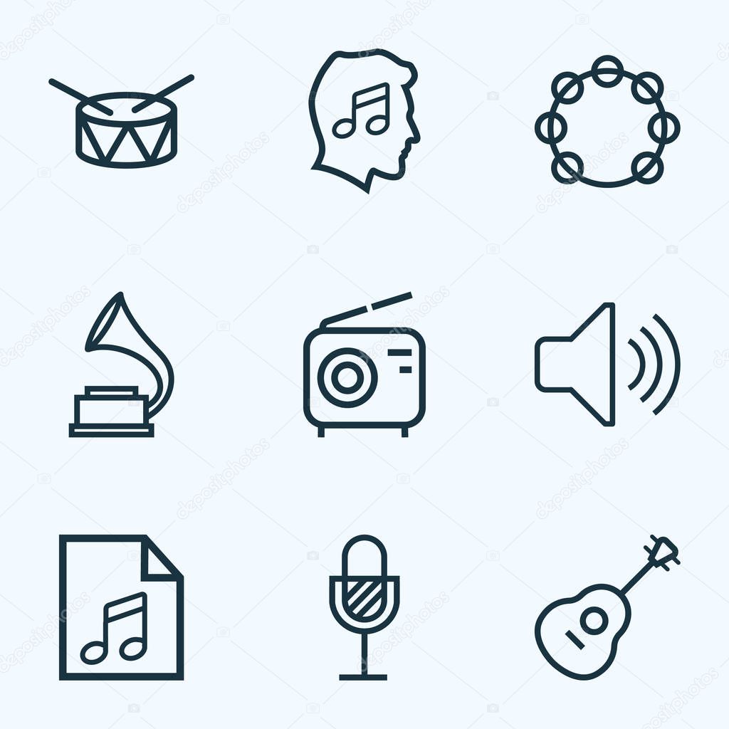 Music icons line style set with radio, tambourine, volume and other timbrel elements. Isolated vector illustration music icons.
