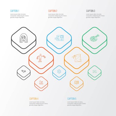 Hobi simgeleri stil pizza, fizik, yüzme ve diğer zarf öğeleri kümesi satır. İzole illüstrasyon hobi simgeleri.