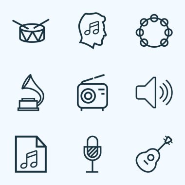 Müzik simgeleri stil radyo, tef, hacim ve diğer timbrel öğeleri kümesi satır. İzole illüstrasyon müzik simgeleri.