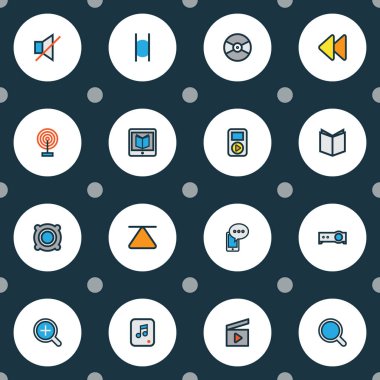 Müzik simgeler hoparlör, projektör, büyüteç ve dilsiz başka öğeler ile Ayarla satır renkte. İzole illüstrasyon müzik simgeleri.