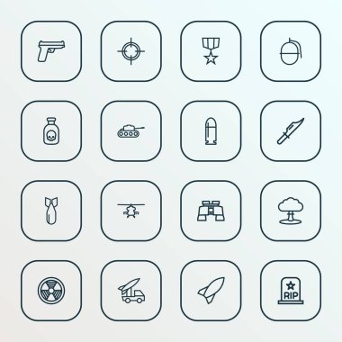 Ordu simgeler stil zehir, bomba, biyo tehlike ve diğer radyasyon öğeleri kümesi satır. İzole illüstrasyon ordu simgeler.