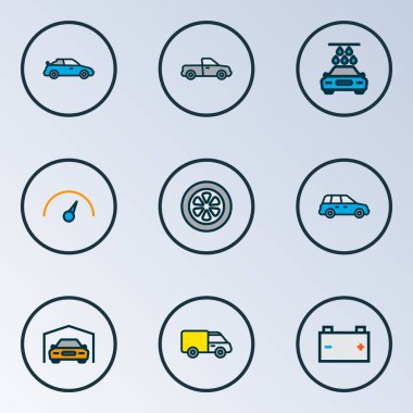 Otomobil simgeler renkli çizgi carwash, pikap, hız ve diğer akümülatör elemanları ayarlayın. İzole illüstrasyon otomobil simgeler.