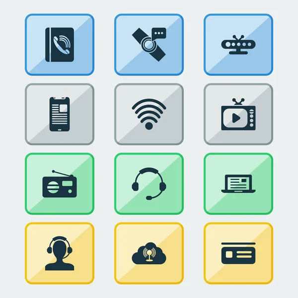 Kommunikations-Icons mit fm, tv box, letter und anderen Hardware-Elementen. isolierte Illustration Kommunikationsikonen. — Stockfoto