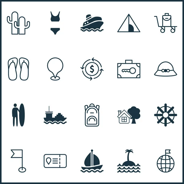 Pictogrammen instellen met slipper, tank, bikini en andere bagage op de transportband elementen te reizen. Geïsoleerde illustratie reizen pictogrammen. — Stockfoto