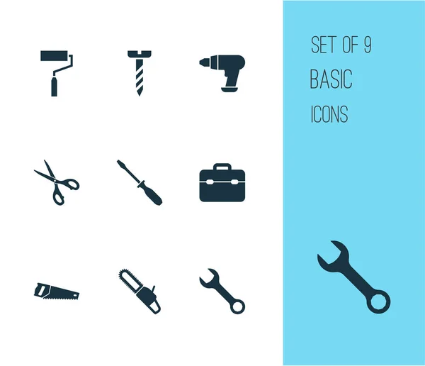 Conjunto de iconos de reparación con perno, caja de herramientas, taladro y otros elementos de cizallas. Iconos de reparación de ilustración aislada . — Foto de Stock