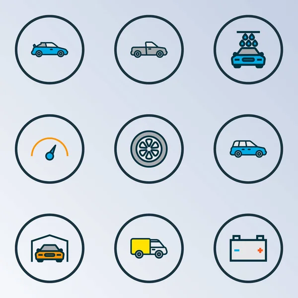 Automobile icone colorate linea impostata con lavaggio auto, pick-up, tachimetro e altri elementi accumulatore. Isolato illustrazione icone automobilistiche . — Foto Stock