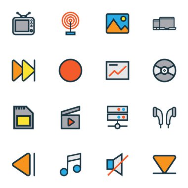 Medya Simgeler klaket, medya sunucusu, kayıt ve diğer pikap öğeleri ile Ayarla satır renkli. İzole vektör çizim medya simgeler.