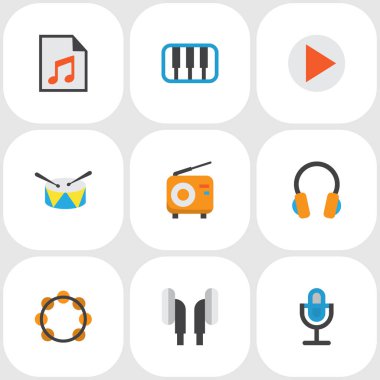 Ses simgeler başlangıç düz stili ile ayarla, samba, synthesizer ve diğer kulaklık öğeleri. İzole vektör çizim ses simgeler.