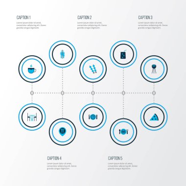 Restoran simgeler kümesi pizza, kafe, wc ve diğer çay elemanları ile renkli. İzole vektör çizim Restoran simgeler.