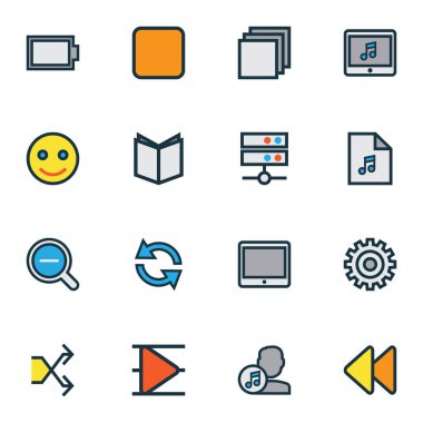 Multimedya simgeler renkli çizgi öğeleri çalma listesi, emoji, sanatçı ve diğer besteci ile ayarlayın. İzole vektör çizim multimedya simgeler.
