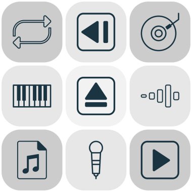 Multimedya simgeler ile synthesizer, dj disk, ayarla düğmesi ve diğer belge öğeleri çıkarma. İzole vektör çizim multimedya simgeler.