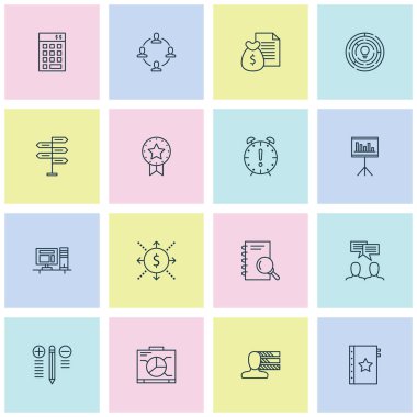 Yönetim simgeleri takım toplantı, çalışma alanı, grafik ve sunum işbirliği öğelerle ayarlayın. İzole vektör çizim yönetim simgeleri.