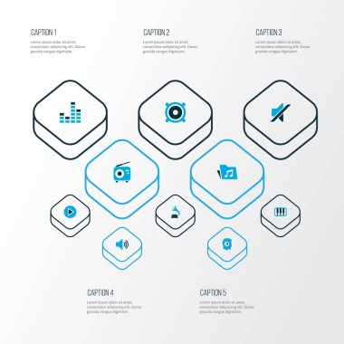 Müzik simgeler kümesi fonograf, megafon, tarayıcı ve diğer klasör öğeleri ile renkli. İzole vektör illüstrasyon müzik simgeleri.