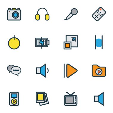 Multimedya simgeler renkli çizgi dosyası, Duraklat, Galeri ve diğer öğeleri en üst düzeye çıkarmak. İzole vektör çizim multimedya simgeler.