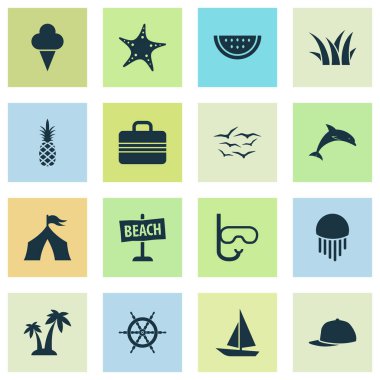 Güneş ile beyzbol şapkası, ananas, ayarla simgeler gemi dümen ve diğer ağaçlar öğeleri. İzole vektör çizim güneş simgeler.