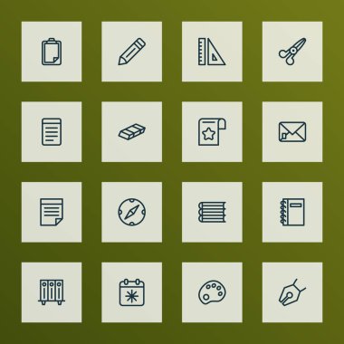 Aracı simge stil raf, palet, notlar ve diğer makası elemanları olan klasörler kümesi satır. İzole vektör çizim aracı simgeler.