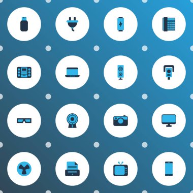 Gadget'ı simgeler kümesi hoparlör, 3d gözlük, müzik çalar ve diğer usb kart öğeleri ile renkli. İzole vektör çizim aracı simgeler.