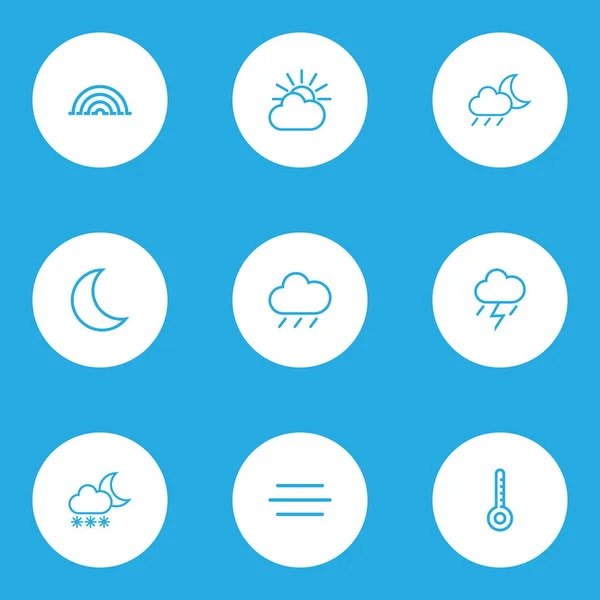 Iconos meteorológicos estilo de línea con ventisca, lluvia, llovizna y otros elementos de lluvia. Iconos de tiempo de ilustración vectorial aislado . — Archivo Imágenes Vectoriales