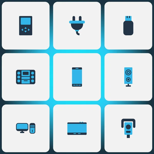 Conjunto de iconos de hardware de color con altavoz, reproductor de música, enchufe y otros elementos de la palmera. Iconos de hardware de ilustración vectorial aislado . — Vector de stock