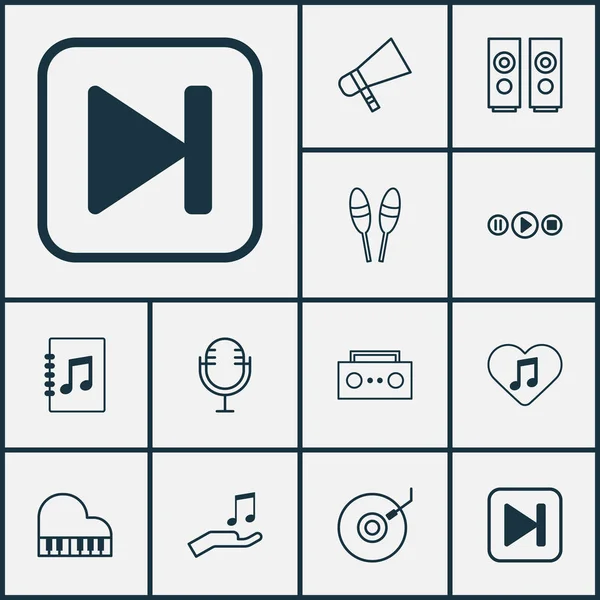 Icone audio impostate con pulsanti audio, microfono, megafono e altri elementi di skip song. Isolate icone audio vettoriali illustrazione . — Vettoriale Stock