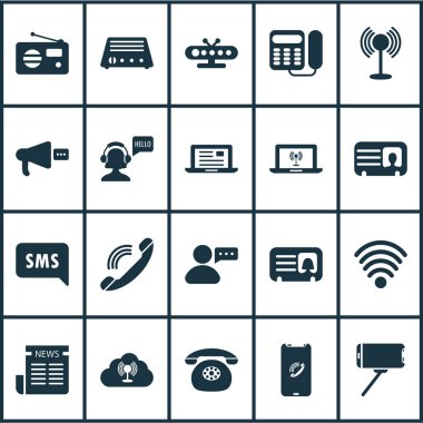Telekomünikasyon simgeler bulut erişim noktası, selfie sopa, wifi ve diğer arama öğeleri ile ayarlayın. İzole vektör çizim telekomünikasyon simgeler.