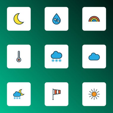 Hava simgeler koymak renkli çizgi ile ay, bulutlu, vane ve güneş diğer öğeleri rüzgar. İzole vektör çizim hava durumu simgeleri.